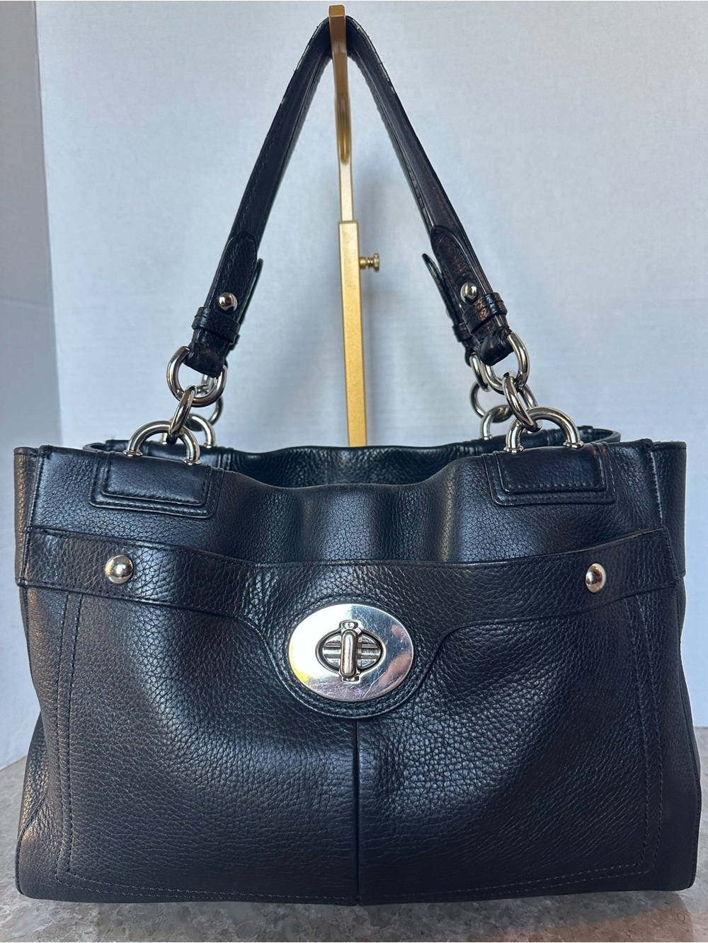 Coach Penelope Black Pebbled Leather Carryall Turn lock Satchel Handbag F16531